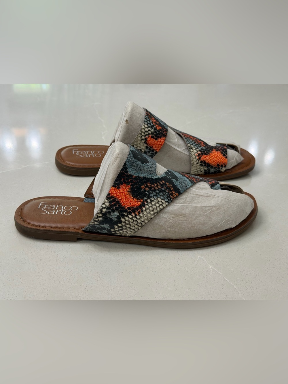 Franco Sarto Juniper 2 Snake Print Slide Sandals Multi Color Crossband Flat 8.5M